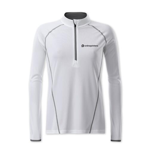 White polyester long-sleeved shirt with zipper for women.