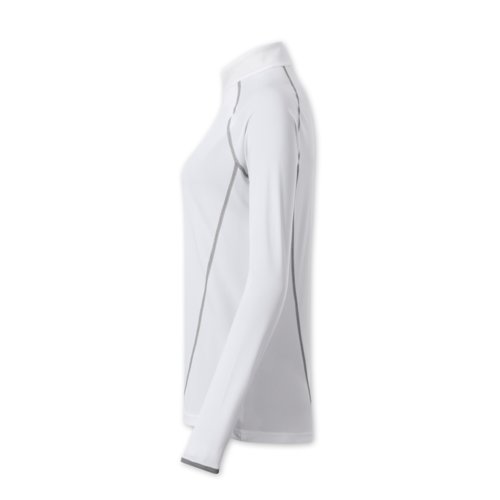 White polyester long sleeve shirt with stand-up collar.