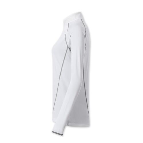 White polyester long sleeve shirt with stand-up collar.