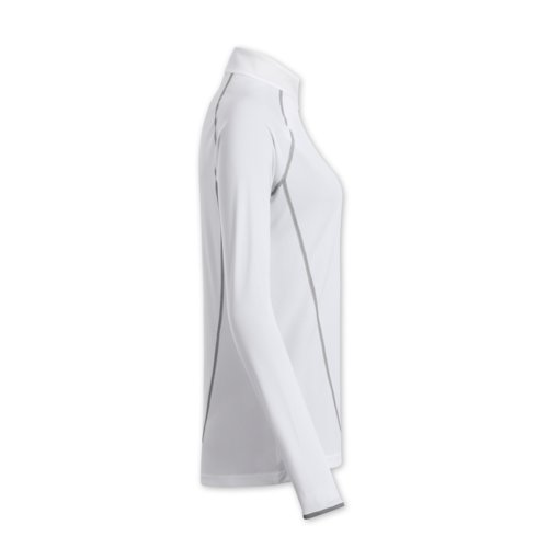 White polyester long-sleeved shirt for women with stand-up collar.