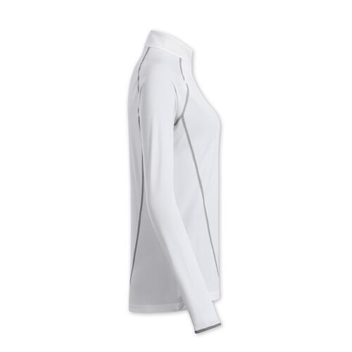 White polyester long-sleeved shirt for women with stand-up collar.