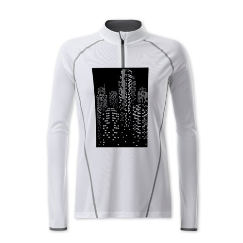 White polyester long sleeve shirt with zipper.