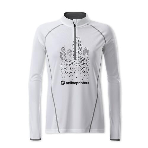 White polyester long sleeve shirt with zipper.