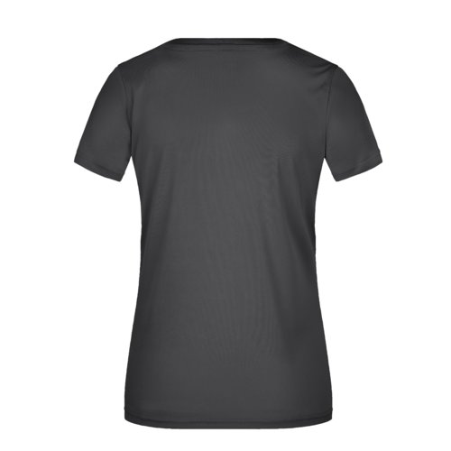Black polyester T-shirt with V-neck and short sleeves.