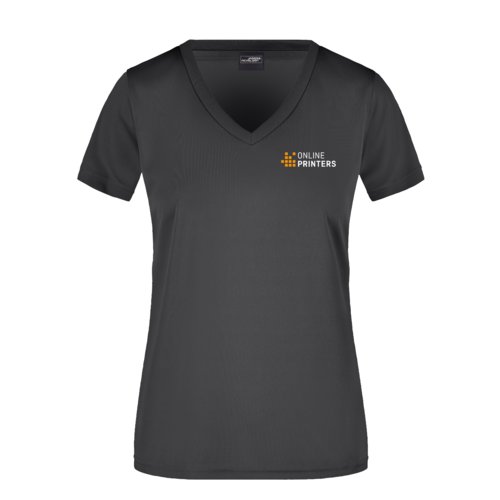 Black polyester V-neck shirt for women.