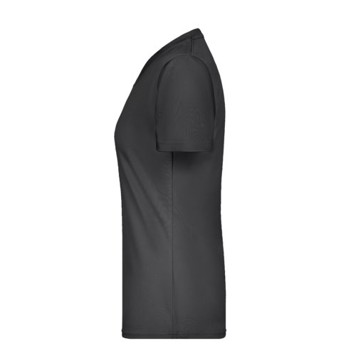 Black polyester women's T-shirt with V-neck and short sleeves.