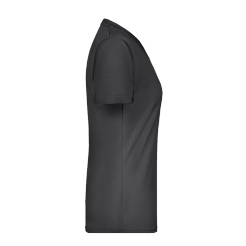Black polyester women's V-neck shirt with short sleeves.
