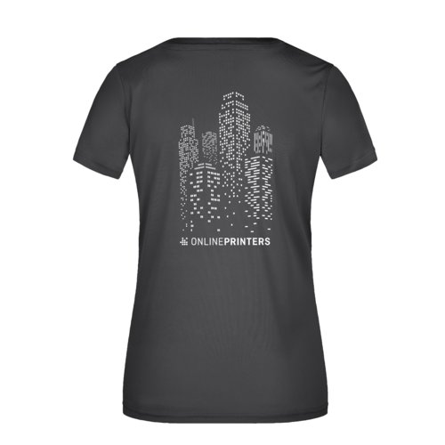 Black polyester women's V-neck shirt.