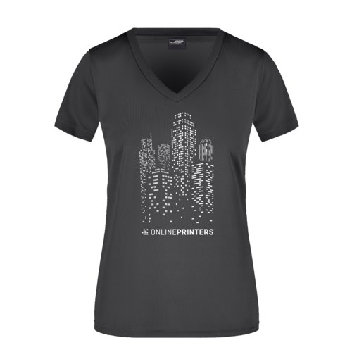 Black polyester women's V-neck shirt.