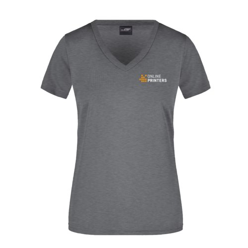 Dark gray heather polyester V-neck t-shirt for women.