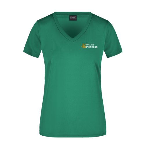 Green women's functional shirt with V-neck and short sleeves.