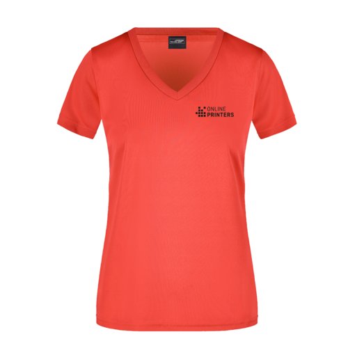 Red polyester women's V-neck T-shirt with short sleeves.