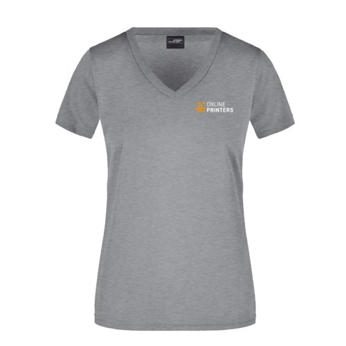 Heather gray polyester shirt with V-neck for women.