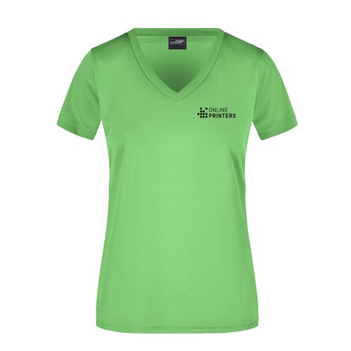 Apple green polyester V-neck T-shirt for women.