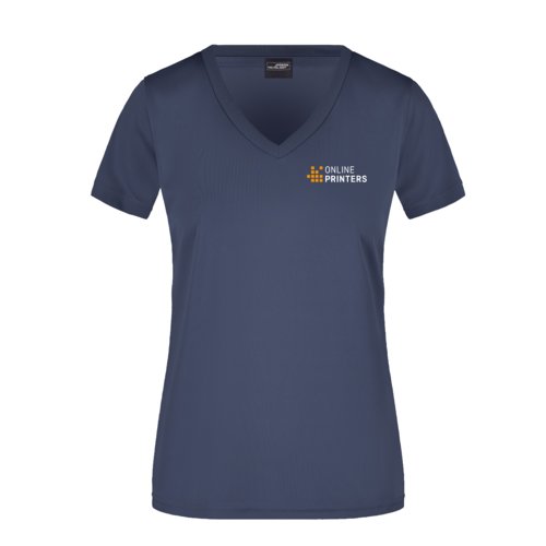 Black-blue polyester women's V-neck shirt.