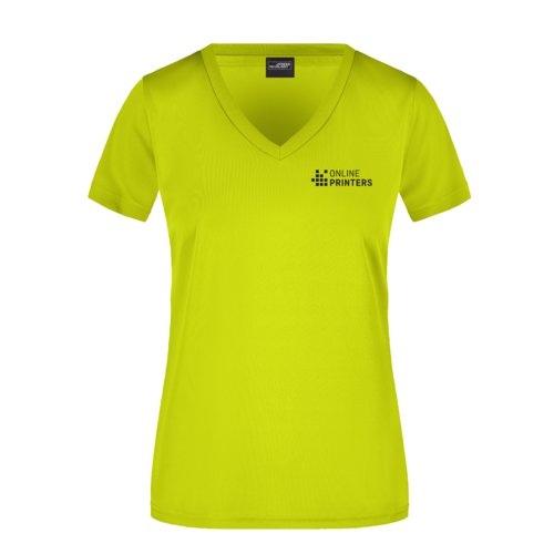 Neon yellow polyester V-neck t-shirt for women.