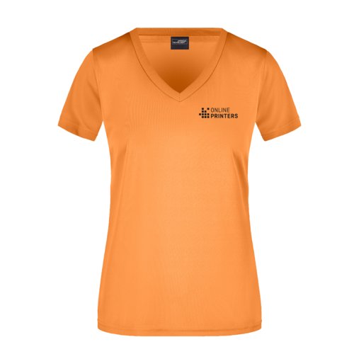 Orange polyester t-shirt with V-neck for women.