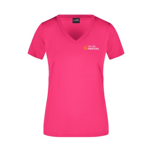 Pink polyester women's t-shirt with V-neck and short sleeves.