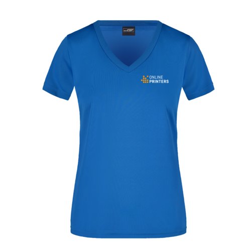 Royal blue polyester women's t-shirt with V-neck and short sleeves.