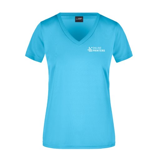 Turquoise polyester shirt with V-neck for women.