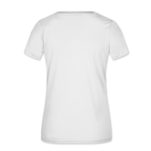 White polyester women's t-shirt with v-neck and short sleeves.