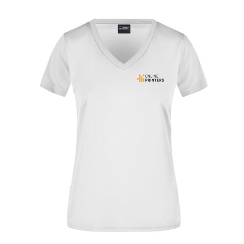 White polyester women's t-shirt with V-neck and short sleeves.