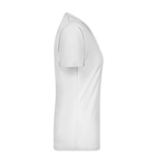White polyester women's V-neck shirt.