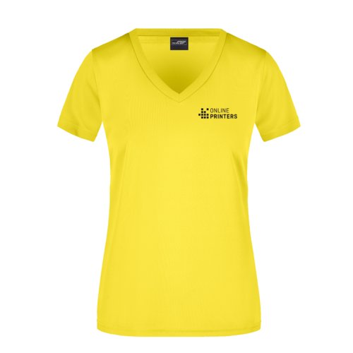 Yellow polyester V-neck shirt for women.