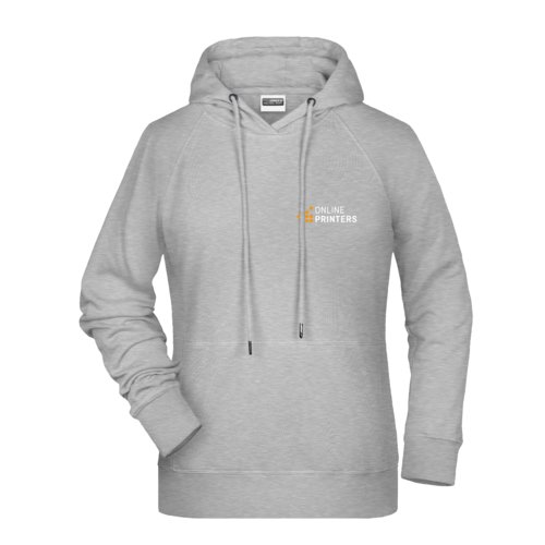 Grey heathered cotton-polyester hoodie for women with hood and drawstring.