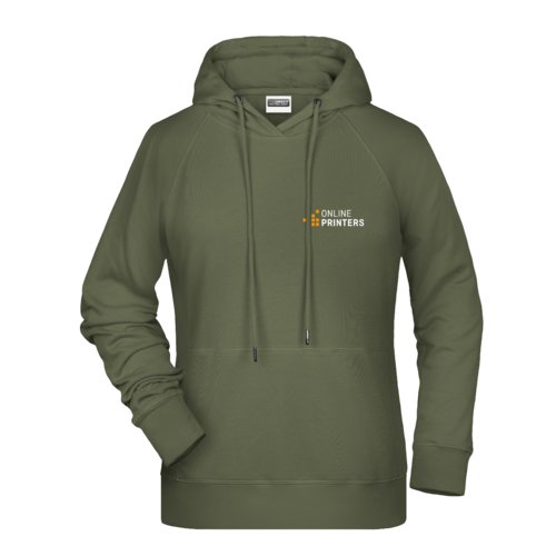 Green fabric women's hoodie with hood and drawstring.