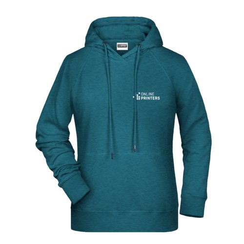 Petrol mottled cotton-polyester hoodie with hood and drawstring.