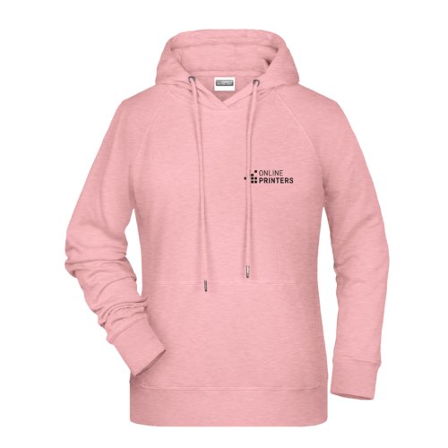 Pink heathered cotton-polyester hoodie with hood and drawstring.