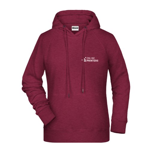 Burgundy women's cotton blend hoodie with hood and drawstring.