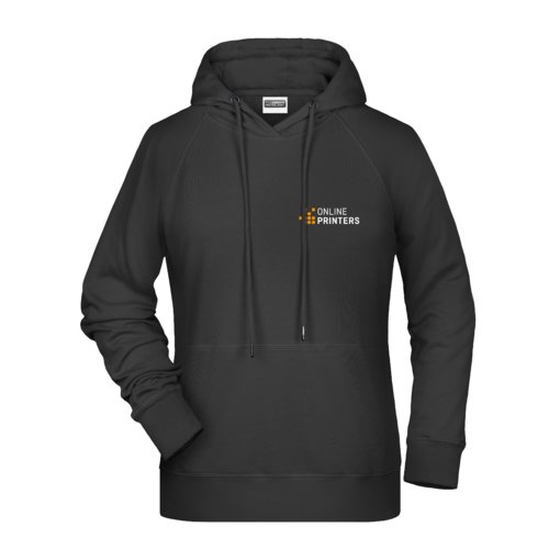 Black cotton-polyester blend women's hoodie with hood and kangaroo pocket.