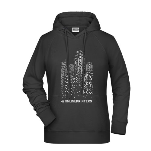 Black women's hoodie made from cotton blend with hood and drawstring.