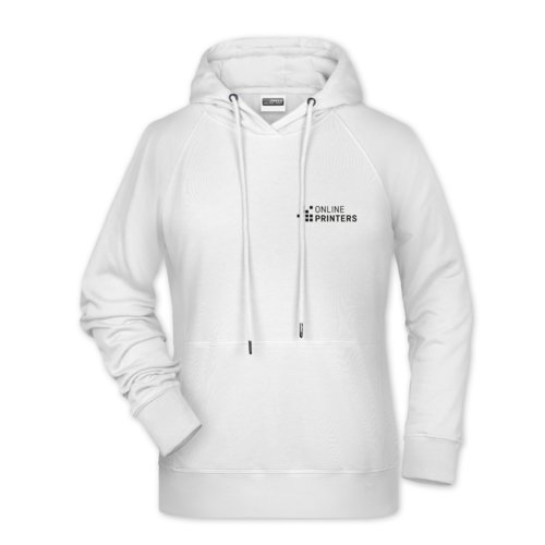 White cotton-polyester women's hoodie with hood and drawstring.