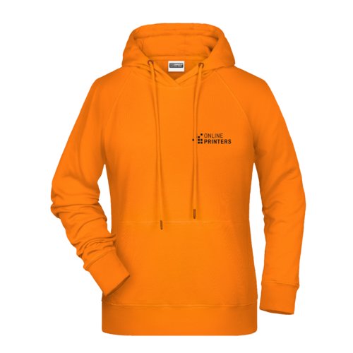 Orange cotton-polyester women's hoodie with hood and kangaroo pocket.