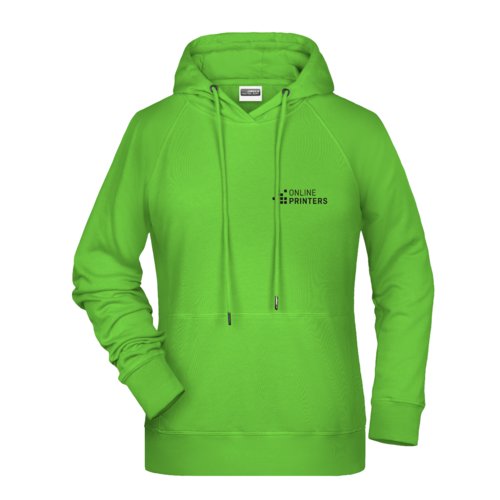 Apple green women's hoodie in cotton blend with hood and drawstring.