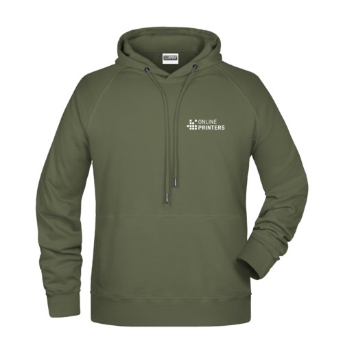 Green fabric hoodie with hood and drawstring for men.