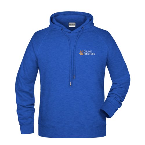 Blue heathered cotton blend hoodie with drawstring.