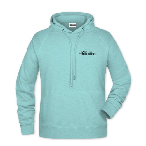 Mint green cotton-blend hoodie for men with hood and drawstring.