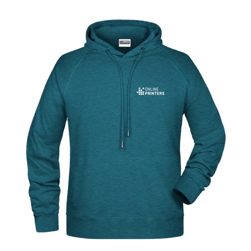 Petrol mottled cotton-polyester hoodie with hood and drawstring.