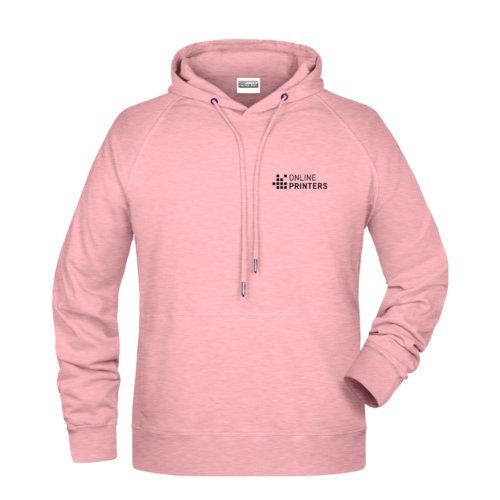 Pink heathered cotton-polyester men's hoodie with hood and drawstring.