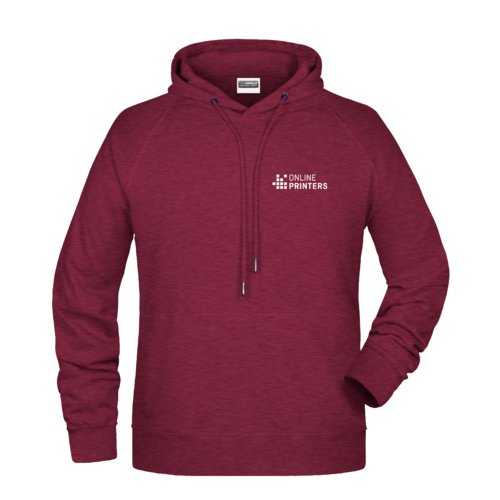 Burgundy cotton-polyester men's hoodie with hood and drawstring.