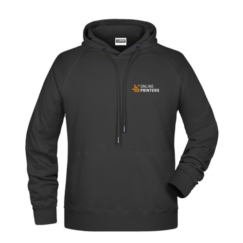 Black cotton-polyester hoodie with hood and drawstring.