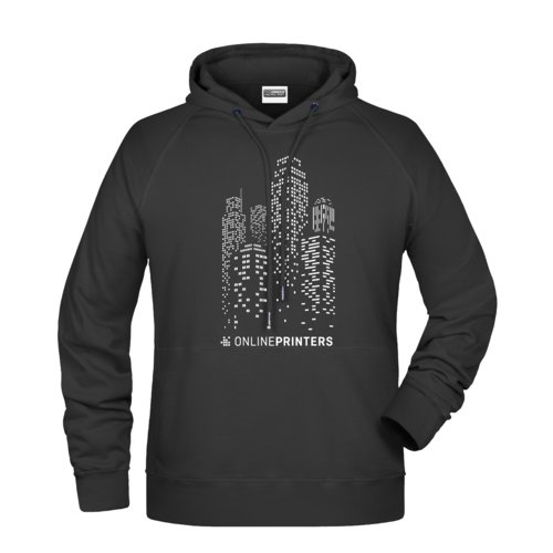 Black cotton-blend hoodie with hood and kangaroo pocket.