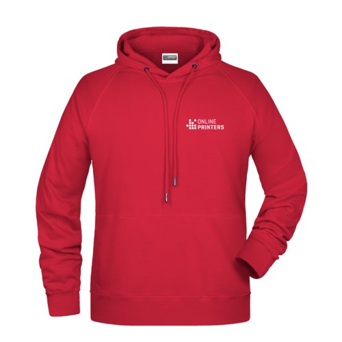 Red cotton-polyester hoodie for men with drawstring.