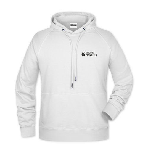 White cotton-polyester men's hoodie with hood and drawstring.