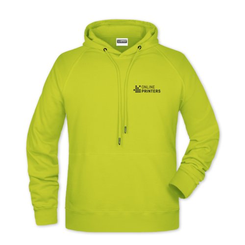 Neon yellow cotton blend hoodie with hood and drawstring.