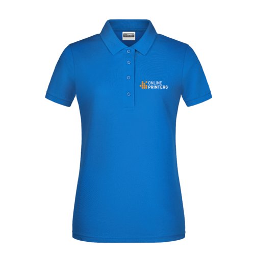 Royal blue women's polo shirt made of cotton with a short button placket.